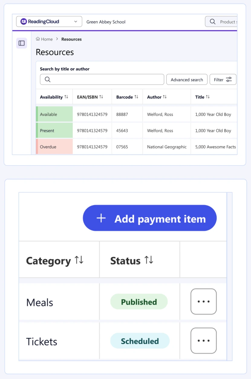 ReadingCloud resources table listing book availability and details, above a payments table showing meals and tickets categories with status labels.