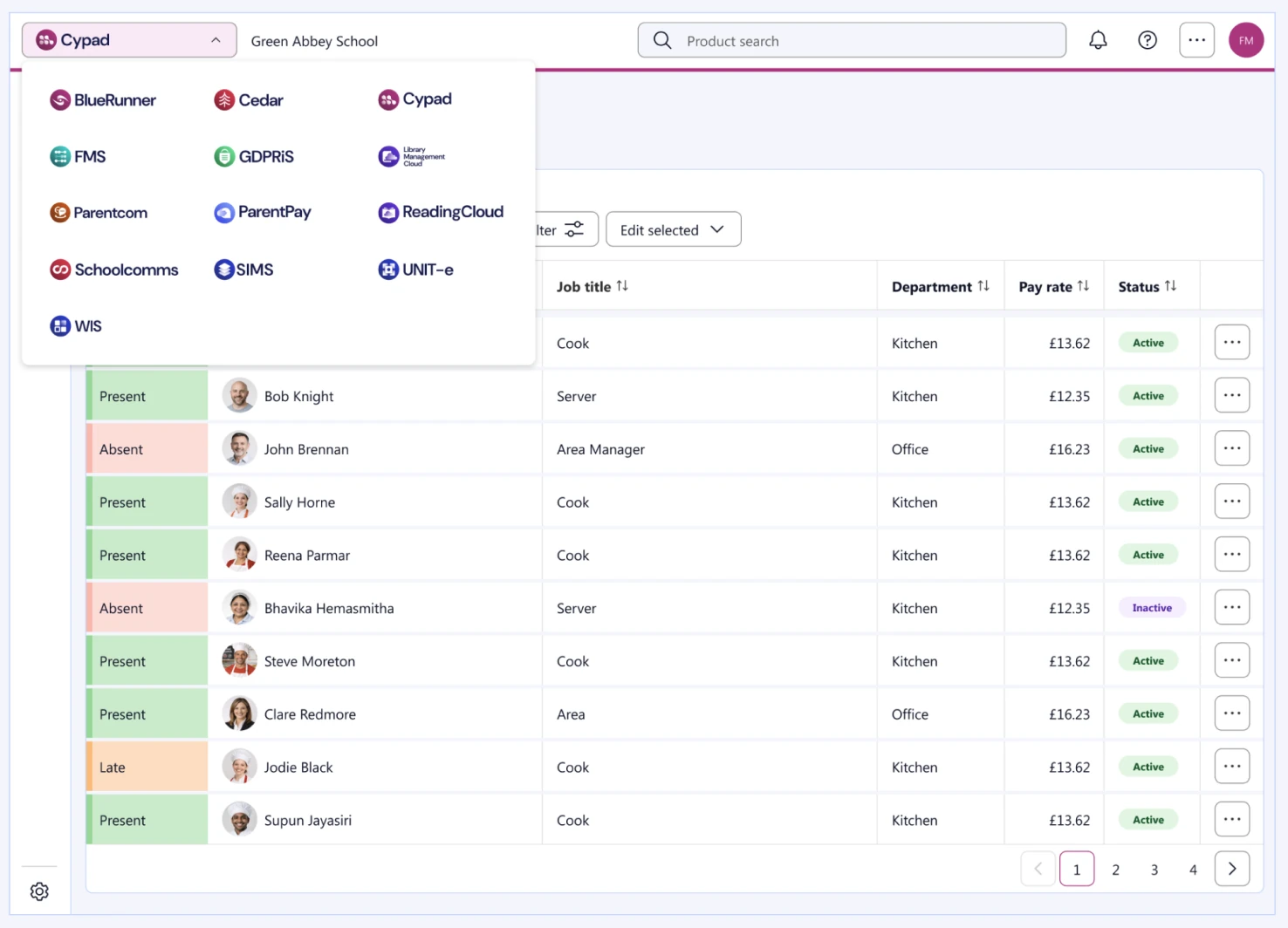 Staff management table showing job titles, departments, pay rates and attendance status, with the product switcher menu open.